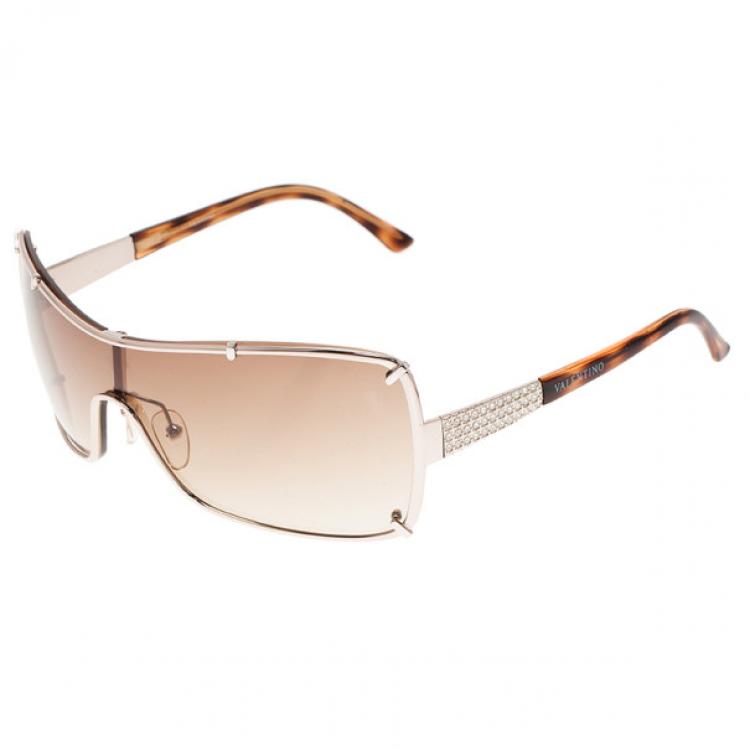 Pre Owned Valentino Tortoise Frame Crystal Shield Sunglasses