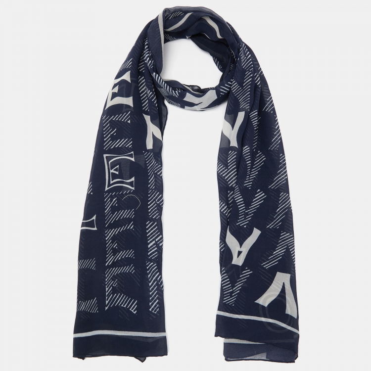 Pre Owned Valentino Dark Blue Logo Print Silk Stole