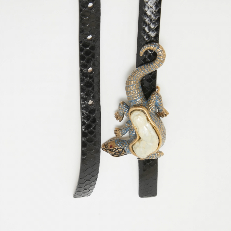 Pre Owned Valentino Black Watersnake Leather Lizard Buckle Slim Belt 90CM