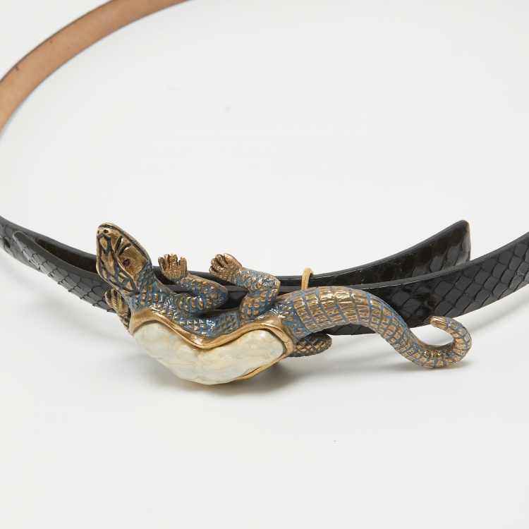 Pre Owned Valentino Black Watersnake Leather Lizard Buckle Slim Belt 90CM