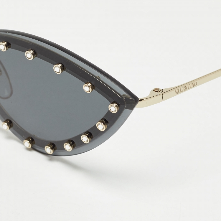 Pre Owned Valentino Black/Gold VA 2033 Crystals Rimless Cat Eye Sunglasses