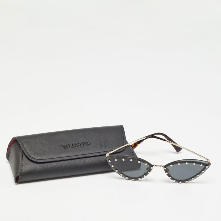 Pre Owned Valentino Black/Gold VA 2033 Crystals Rimless Cat Eye Sunglasses