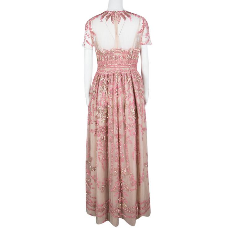 Pre Owned Valentino Pink Sequin Embellished Tulle Gown L