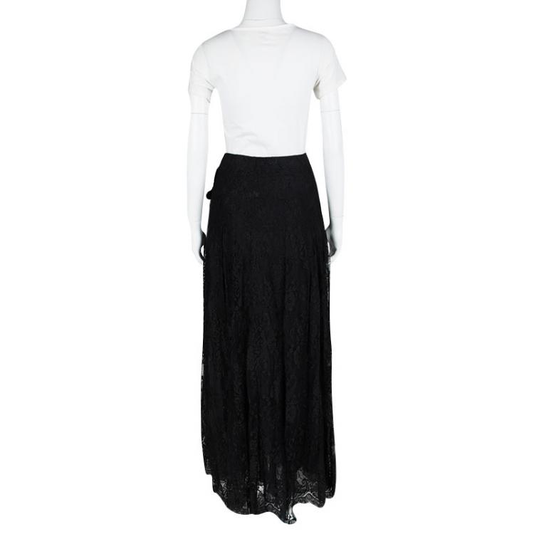 Pre Owned Valentino Black Lace Studded Buckle Detail Layered High Waist Maxi Skirt M