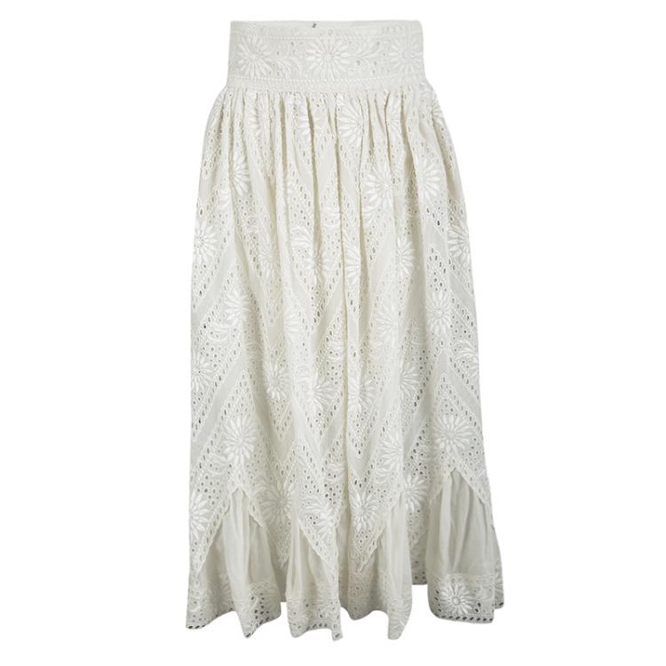 Pre Owned Valentino Cream Cotton Eyelet Embroidered High Waist Gathered Midi Skirt S