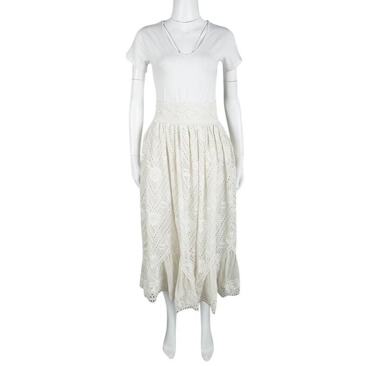 Pre Owned Valentino Cream Cotton Eyelet Embroidered High Waist Gathered Midi Skirt S