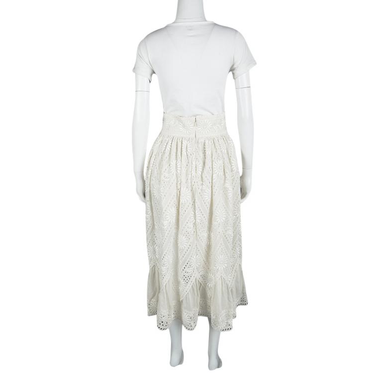 Pre Owned Valentino Cream Cotton Eyelet Embroidered High Waist Gathered Midi Skirt S