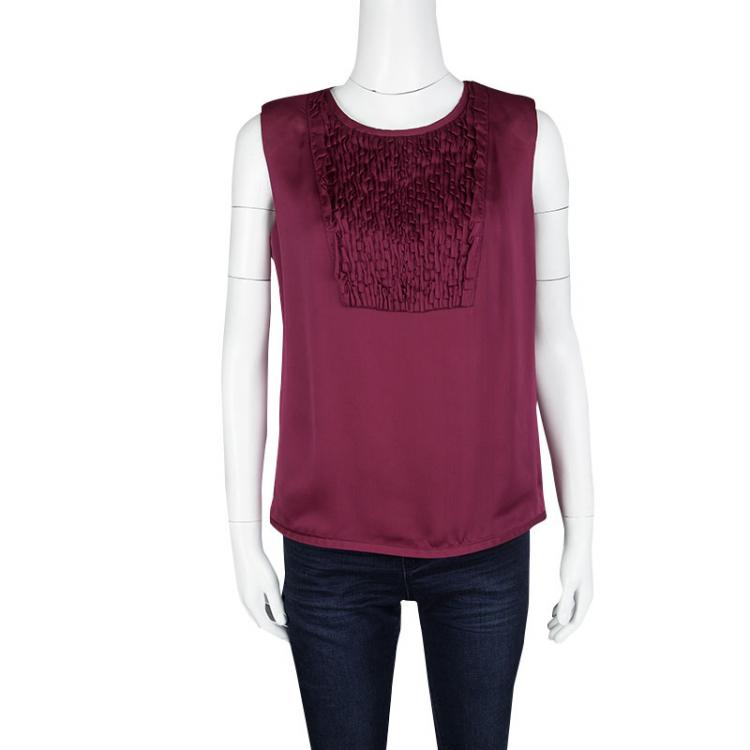 Pre Owned Valentino Burgundy Silk Satin Textured Yoke Detail Sleeveless Top M