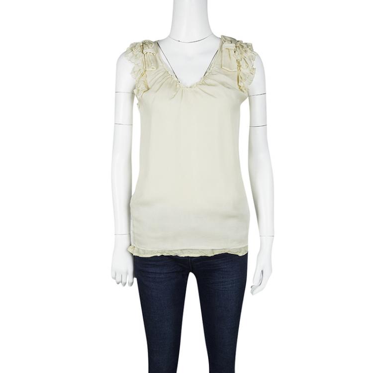 Pre Owned Valentino Pastel Yellow Silk Ruffle and Bow Detail Sleeveless Top M