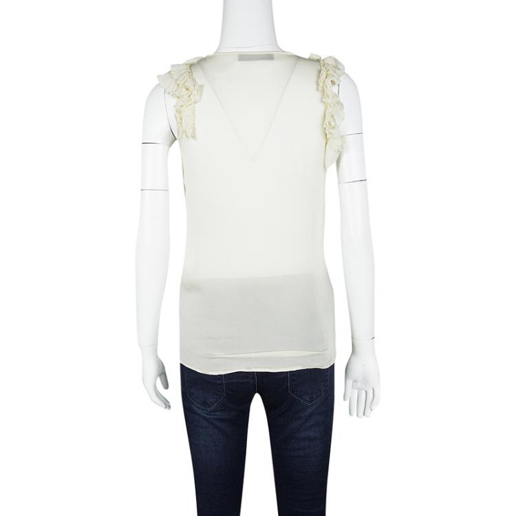 Pre Owned Valentino Pastel Yellow Silk Ruffle and Bow Detail Sleeveless Top M