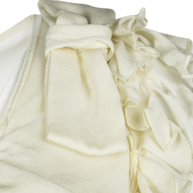 Pre Owned Valentino Pastel Yellow Silk Ruffle and Bow Detail Sleeveless Top M