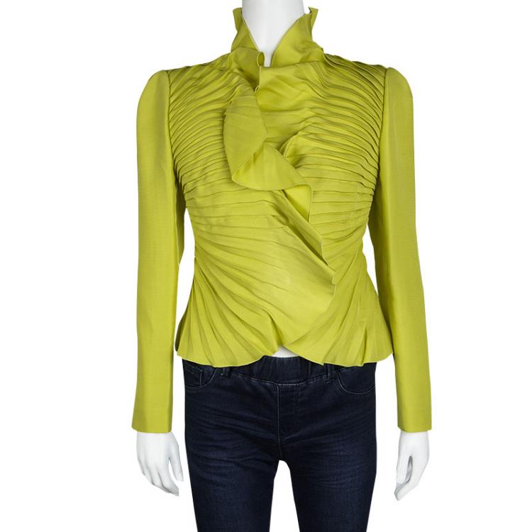 Pre Owned Valentino Yellow Silk Pleated Ruffle Front Jacket M
