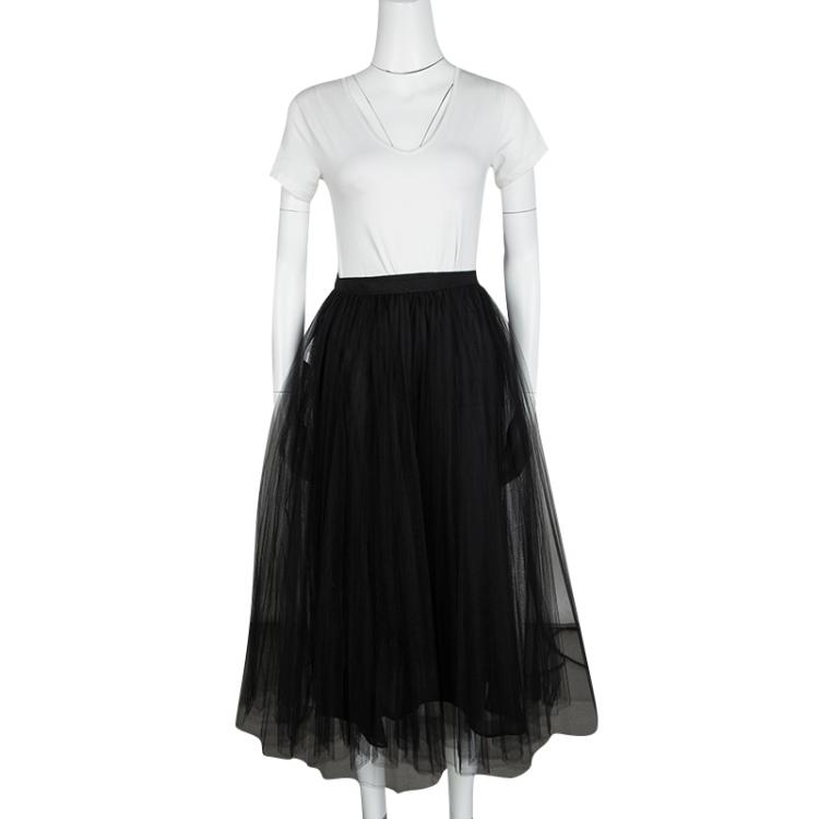 Pre Owned Valentino Black Pleated Tulle Midi Skirt M