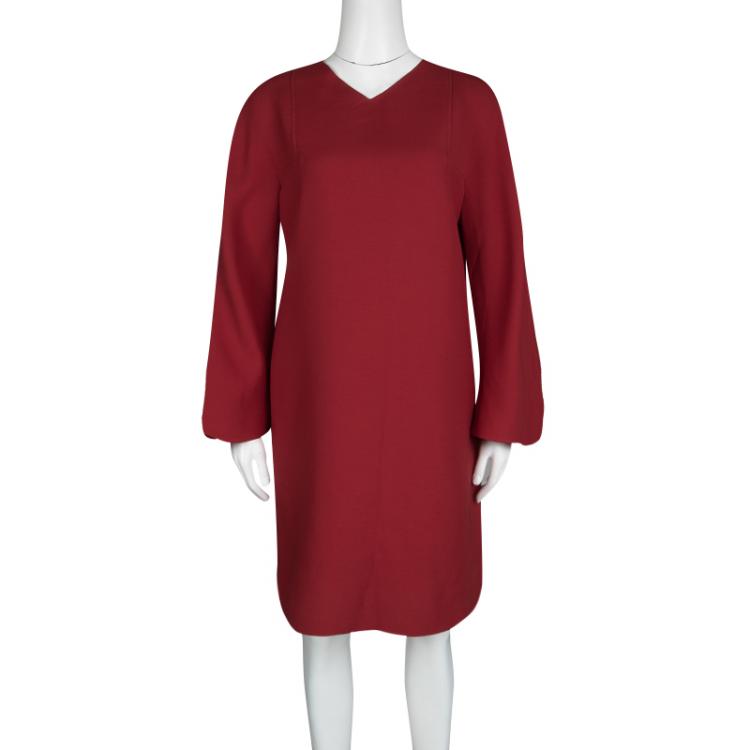 Pre Owned Valentino Red Wool and Silk Long Sleeve Shift Dress M