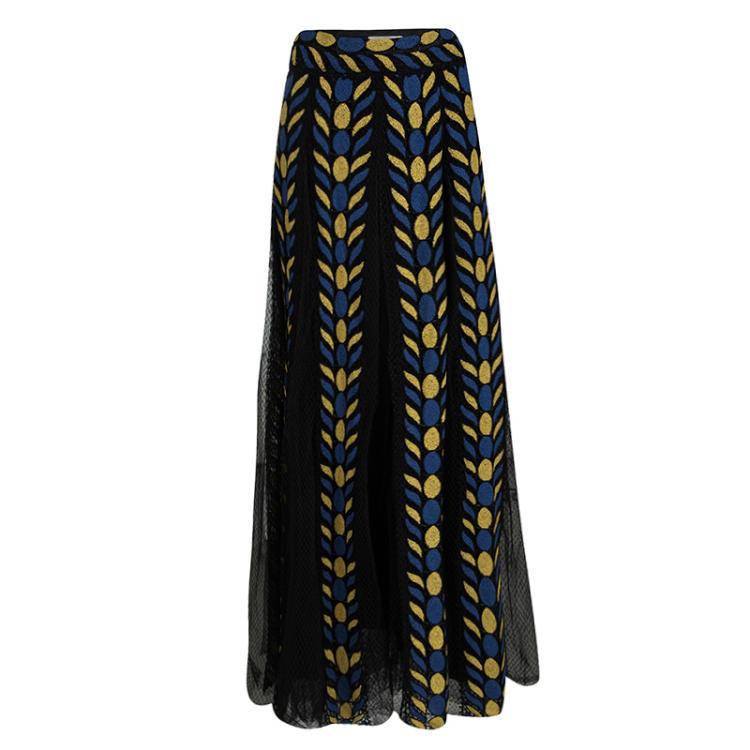 Pre Owned Valentino Black Pleated Organza Contrast Chenille Embroidered Maxi Skirt  M