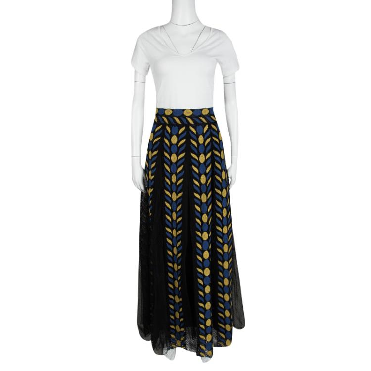 Pre Owned Valentino Black Pleated Organza Contrast Chenille Embroidered Maxi Skirt  M