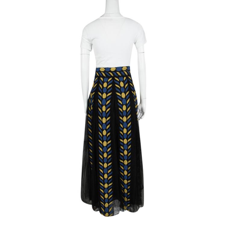 Pre Owned Valentino Black Pleated Organza Contrast Chenille Embroidered Maxi Skirt  M