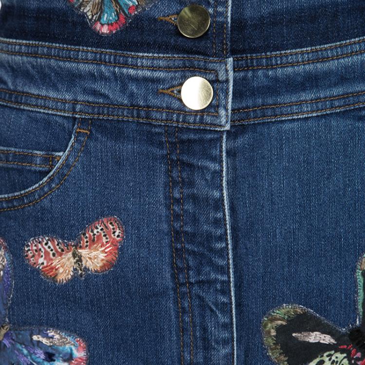Pre Owned Valentino Indigo Butterfly Embroidered Denim Bib Overalls M