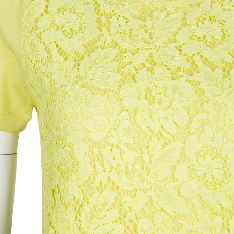 Pre Owned Valentino Yellow Wool Blend Lace Overlay Short Sleeve Top M