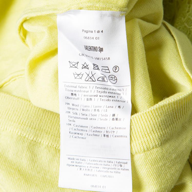 Pre Owned Valentino Yellow Wool Blend Lace Overlay Short Sleeve Top M