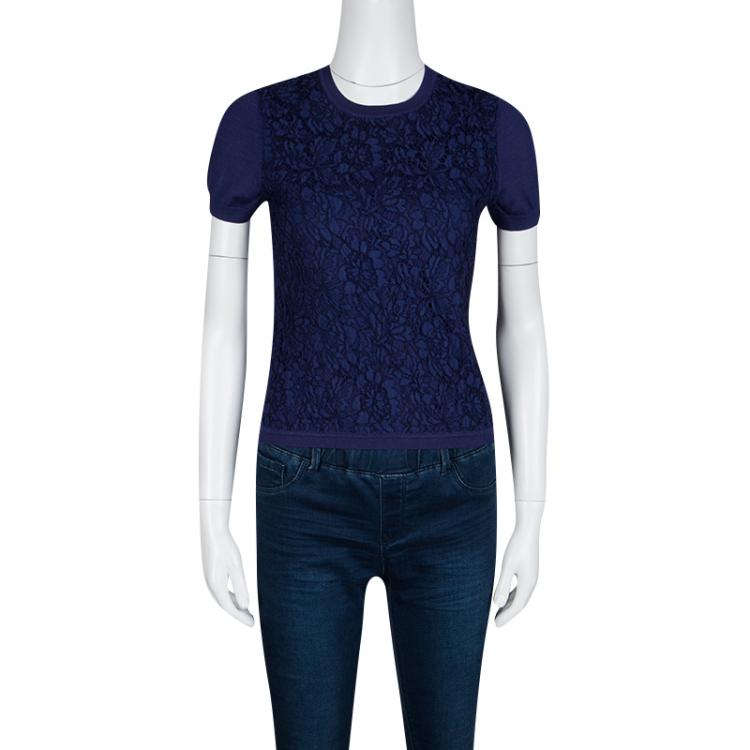 Pre Owned Valentino Navy Blue Wool Blend Lace Overlay Short Sleeve Top S