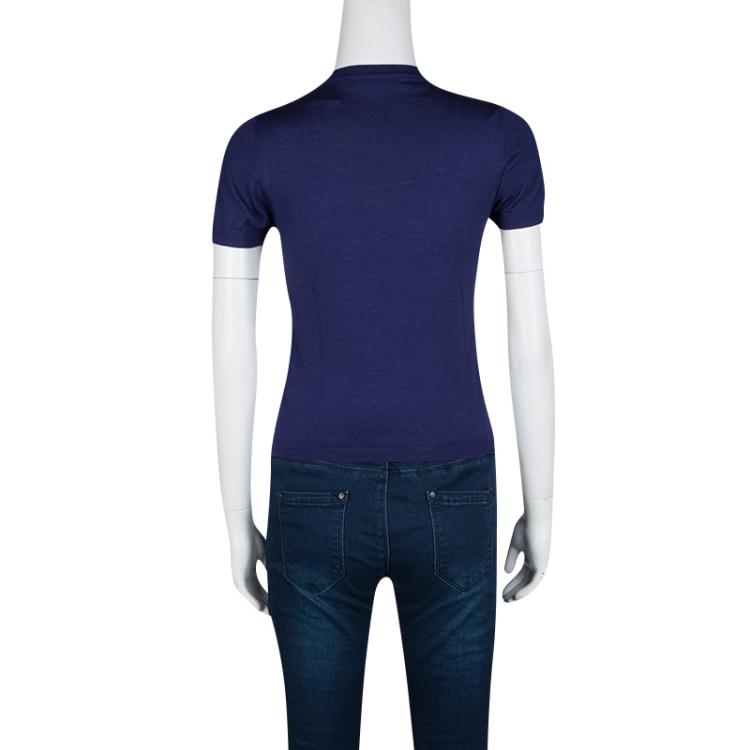 Pre Owned Valentino Navy Blue Wool Blend Lace Overlay Short Sleeve Top S