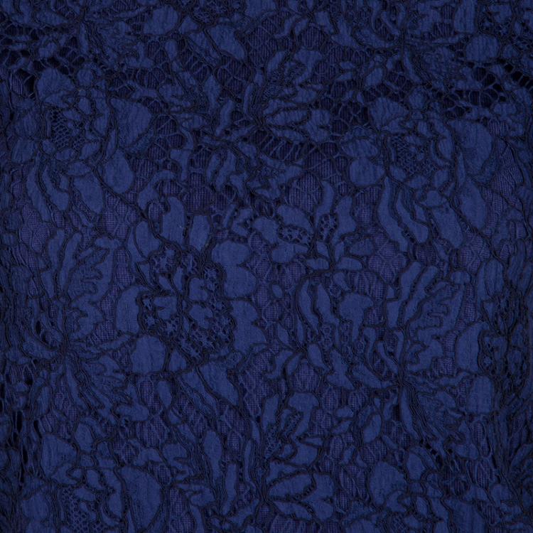Pre Owned Valentino Navy Blue Wool Blend Lace Overlay Short Sleeve Top S