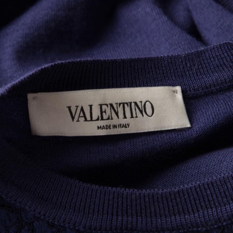 Pre Owned Valentino Navy Blue Wool Blend Lace Overlay Short Sleeve Top S