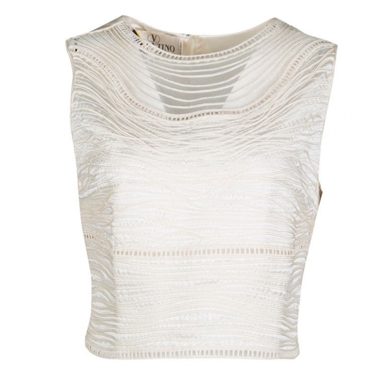 Pre Owned Valentino Boutique Vintage Cream Textured Silk Cutout Detail Sleeveless Crop Top XL