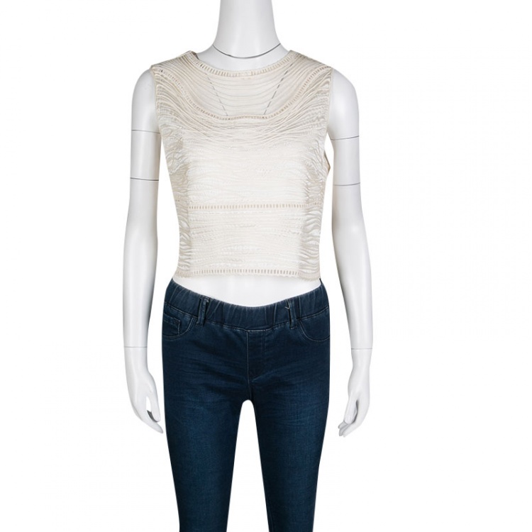 Pre Owned Valentino Boutique Vintage Cream Textured Silk Cutout Detail Sleeveless Crop Top XL
