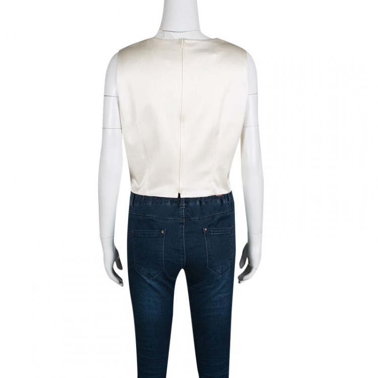 Pre Owned Valentino Boutique Vintage Cream Textured Silk Cutout Detail Sleeveless Crop Top XL