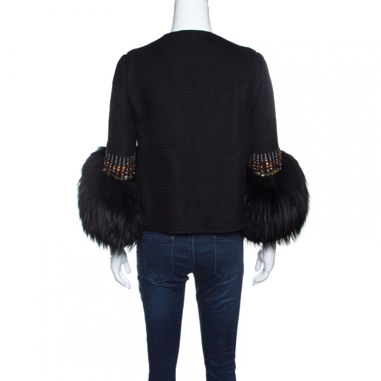 Pre Owned Valentino Black Knit Embellished Faux Fur Cuffed Belted Cropped Jacket M