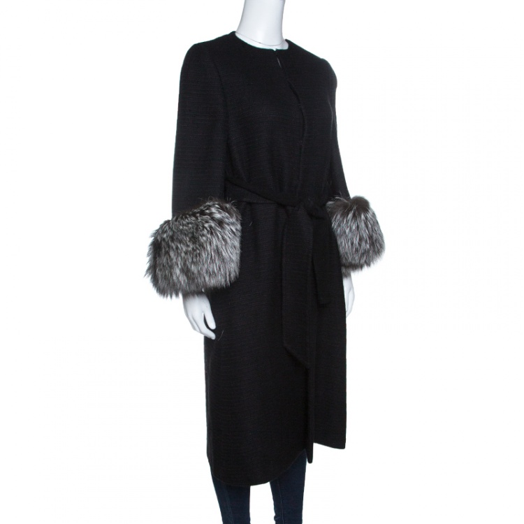 Pre Owned Valentino Black Wool Blend Fox Fur Trim Belted Overcoat M