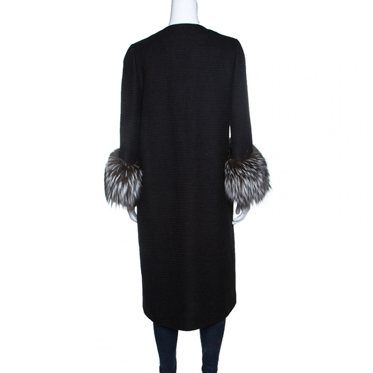 Pre Owned Valentino Black Wool Blend Fox Fur Trim Belted Overcoat M
