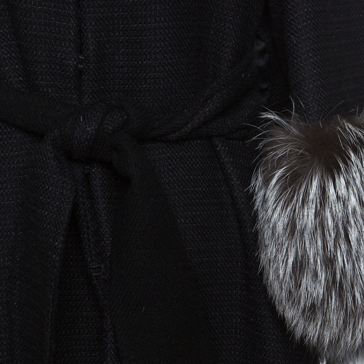 Pre Owned Valentino Black Wool Blend Fox Fur Trim Belted Overcoat M