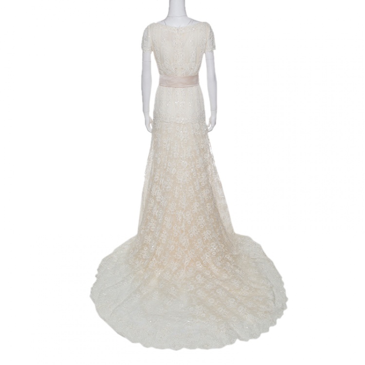 Pre Owned Valentino Sposa Cream Floral Beaded Lace Hesperides Sheath Wedding Gown M