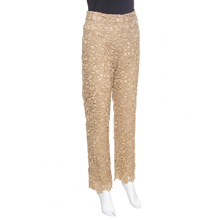 Pre Owned Valentino Gold Embroidered Floral Lace Pants S 