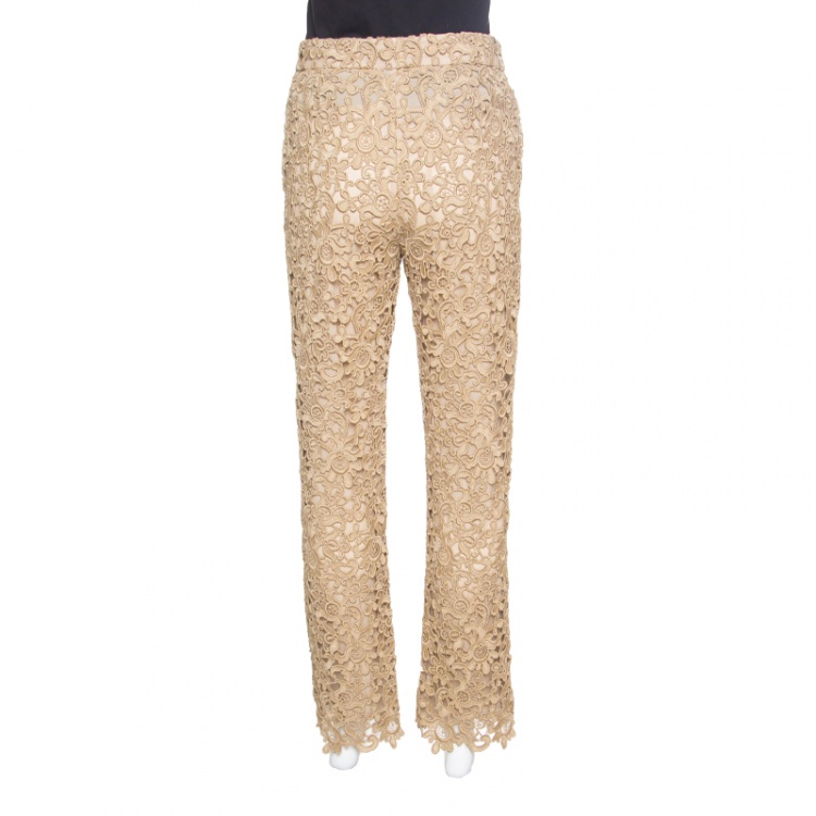 Pre Owned Valentino Gold Embroidered Floral Lace Pants S 