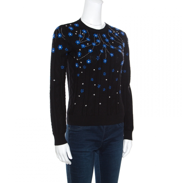مملوكة مسبقًا Valentino Black Wool Jacquard Floral Embroidered Sweater S