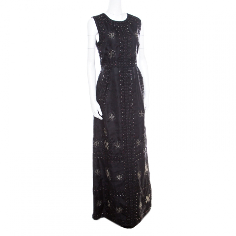 Pre Owned Valentino Black Silk Embellished Sleeveless Gown L