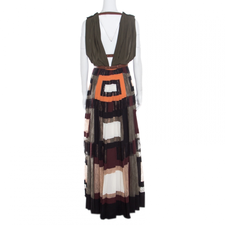 Pre Owned Valentino Colorblock Silk and Lace Paneled Leather Trim Plunge Neck Maxi Dress S