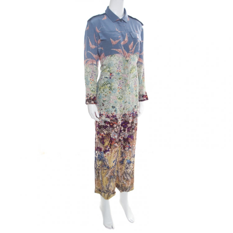 Pre Owned Valentino Multicolor Garden Flora and Fauna Printed Silk Jumpsuit L