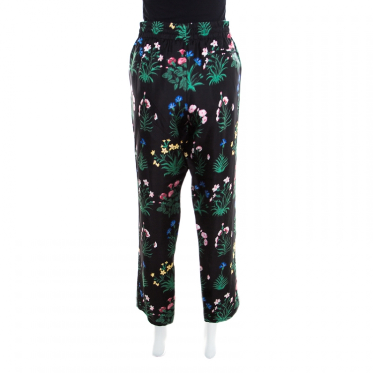Pre Owned Valentino Black Floral Printed Silk Drawstring Detail Pyjama Pants L