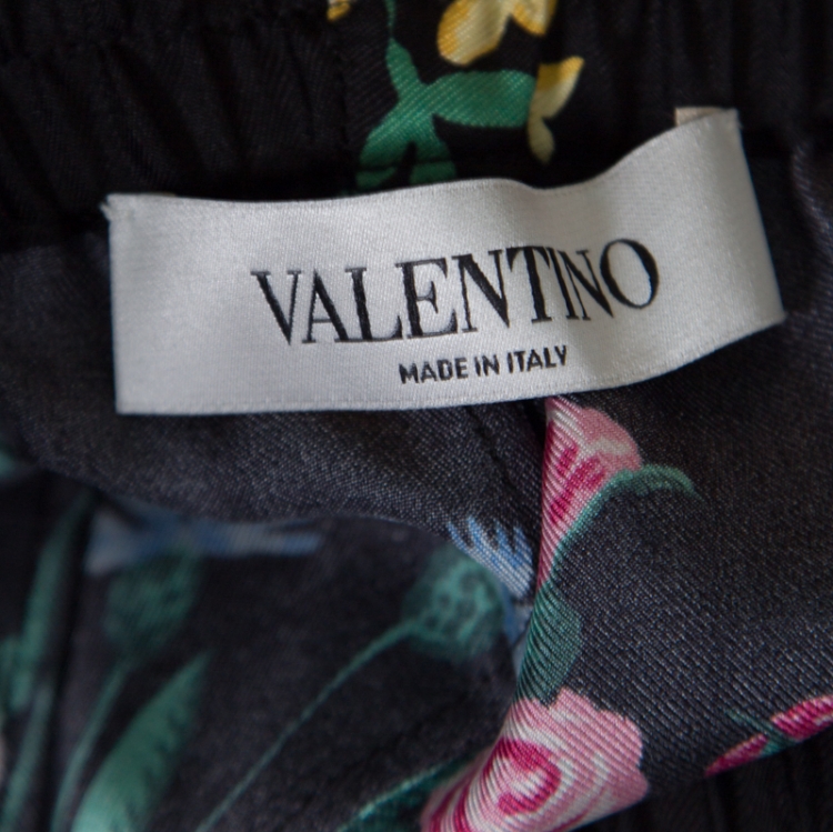 Pre Owned Valentino Black Floral Printed Silk Drawstring Detail Pyjama Pants L