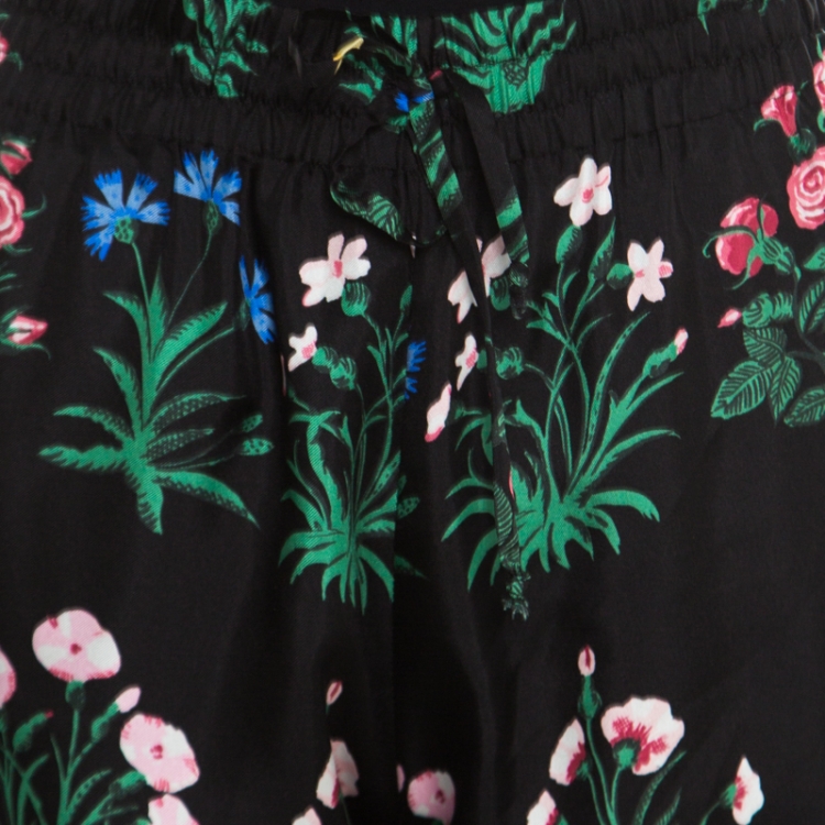 Pre Owned Valentino Black Floral Printed Silk Drawstring Detail Pyjama Pants L