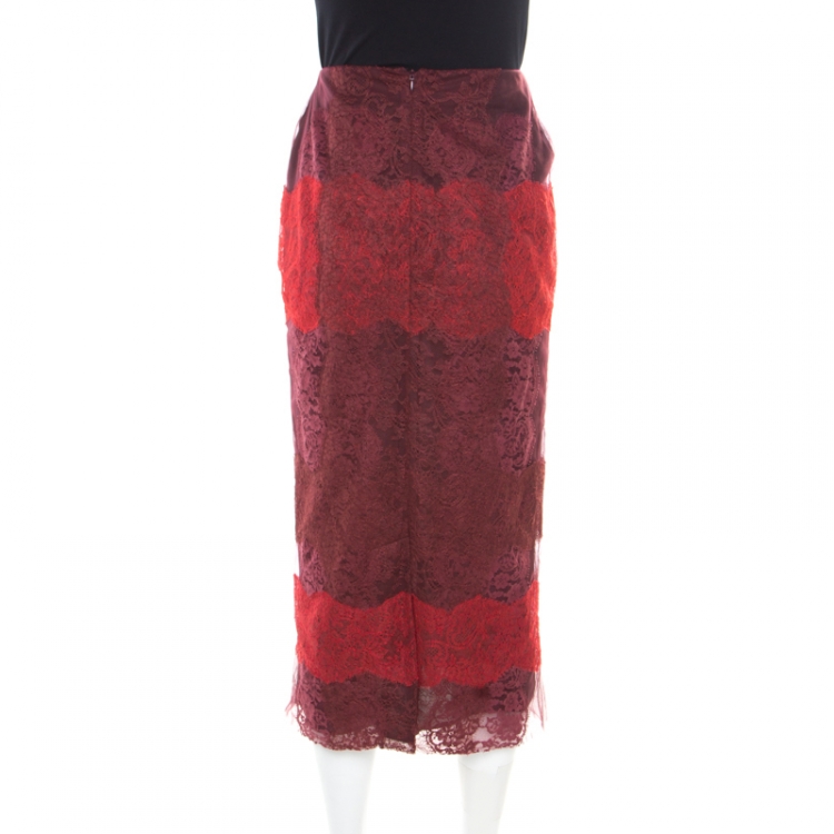 Pre Owned Valentino Red Gradient Lace Appliqued Tulle Midi Pencil Skirt S