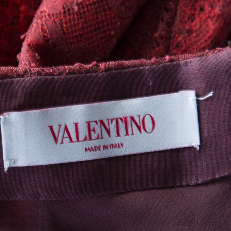 Pre Owned Valentino Red Gradient Lace Appliqued Tulle Midi Pencil Skirt S