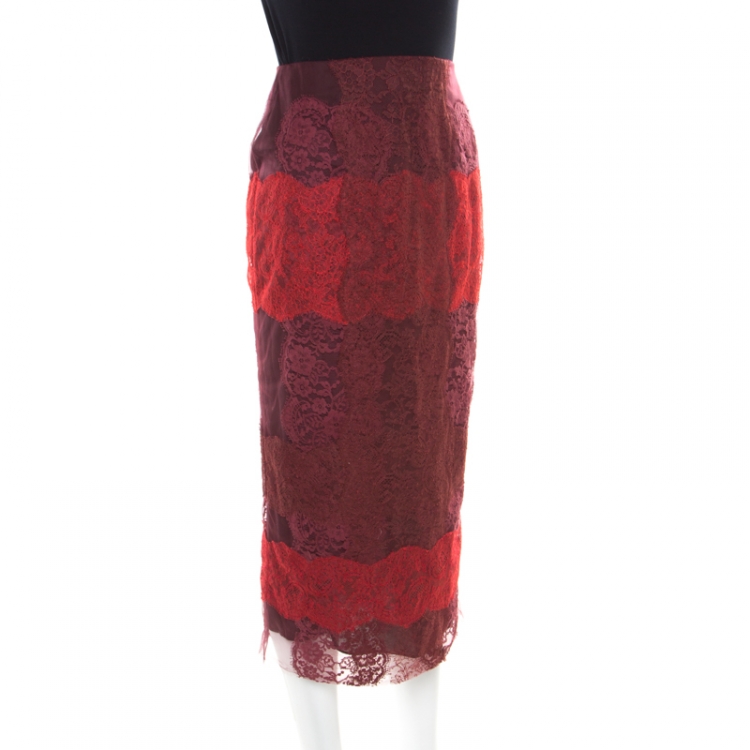 Pre Owned Valentino Red Gradient Lace Appliqued Tulle Midi Pencil Skirt S