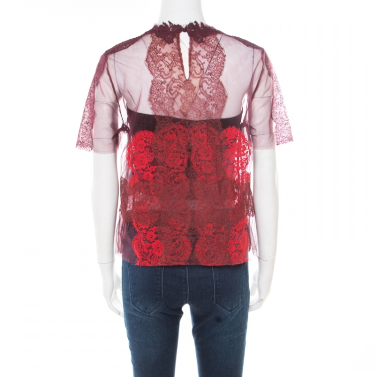 Pre Owned Valentino Red Gradient Lace Appliqued Tulle Top M