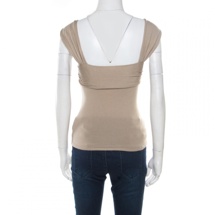 Pre Owned Valentino Beige Wool and Cashmere Floral Embellished Sleeveless Twist Front Top S